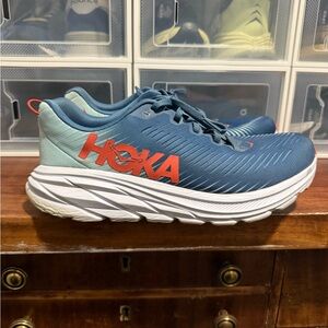 Hoka Blue and White Sneakers with Orange Logo
